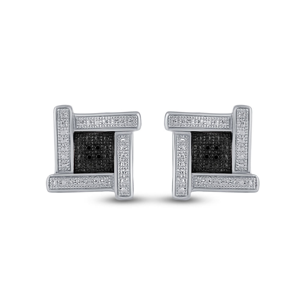 Sterling Silver Mens Round Black Color Enhanced Diamond Square Earrings .03 Cttw