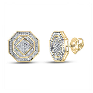 Sterling Silver Mens Round Diamond Octagon Cluster Stud Earrings 1/6 Cttw
