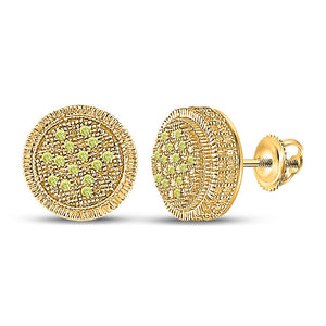 Sterling Silver Mens Round Yellow Color Enhanced Diamond Cluster Earrings 1/10 Cttw