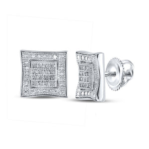 Sterling Silver Mens Round Diamond Square Kite Cluster Earrings 1/10 Cttw