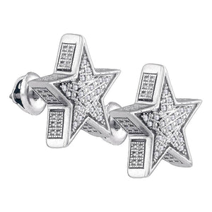 Sterling Silver Mens Round Diamond 3D Star Stud Earrings 1/8 Cttw