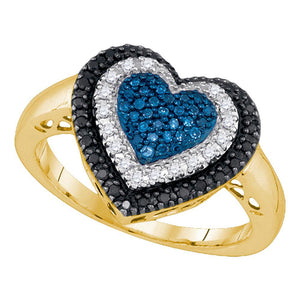 10kt Yellow Gold Womens Round Black Blue Color Enhanced Diamond Heart Ring 1/4 Cttw