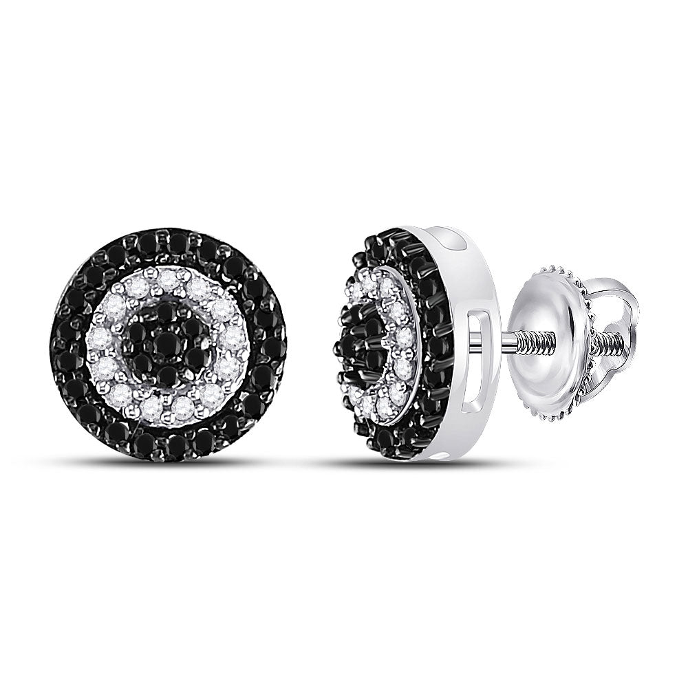 10kt White Gold Womens Round Black Color Enhanced Diamond Circle Cluster Earrings 1/4 Cttw