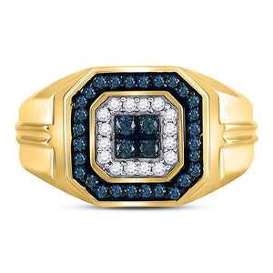 10kt Yellow Gold Mens Round Blue Color Enhanced Diamond Square Ring 5/8 Cttw