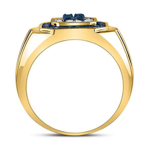 10kt Yellow Gold Mens Round Blue Color Enhanced Diamond Square Ring 5/8 Cttw