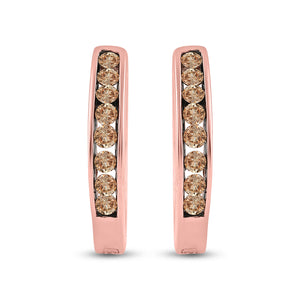 14kt Rose Gold Womens Round Brown Diamond Hoop Earrings 1/4 Cttw