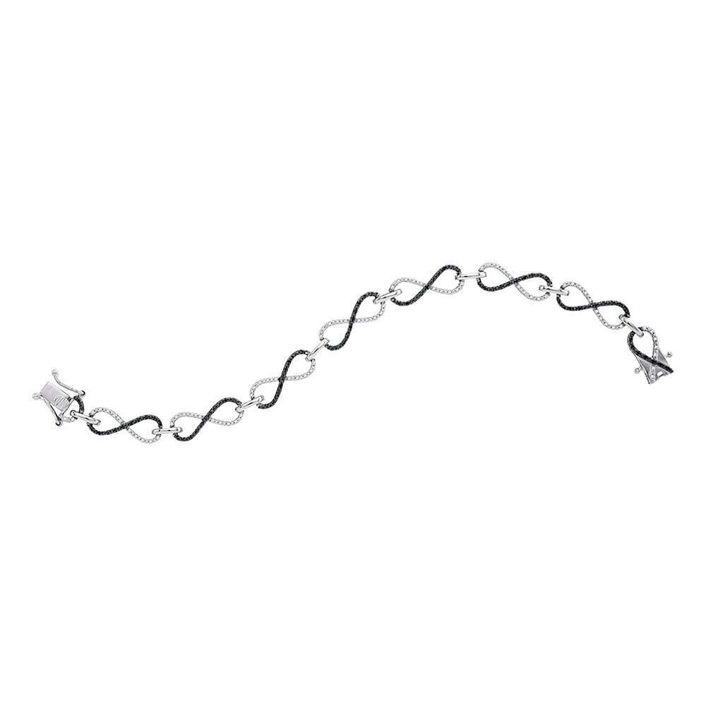 Sterling Silver Womens Round Black Color Enhanced Diamond Infinity Bracelet 1/2 Cttw
