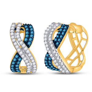 10kt Yellow Gold Womens Round Blue Color Enhanced Diamond Hoop Earrings 1 Cttw