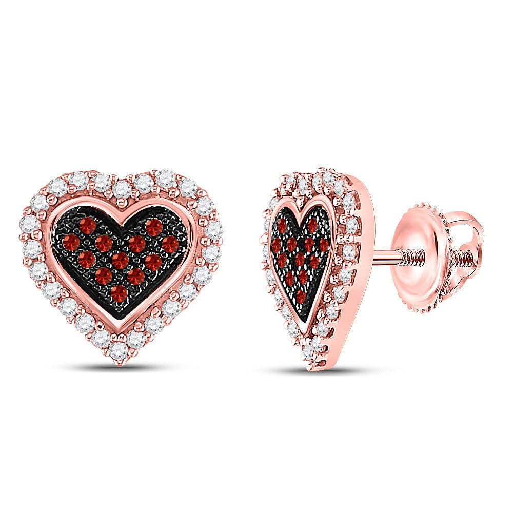 10kt Rose Gold Womens Round Red Color Enhanced Diamond Heart Earrings 1/4 Cttw