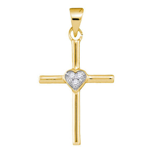 10kt Yellow Gold Womens Round Diamond Small Heart Cross Pendant .03 Cttw