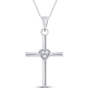 Sterling Silver Womens Round Diamond Heart Cross Pendant .03 Cttw