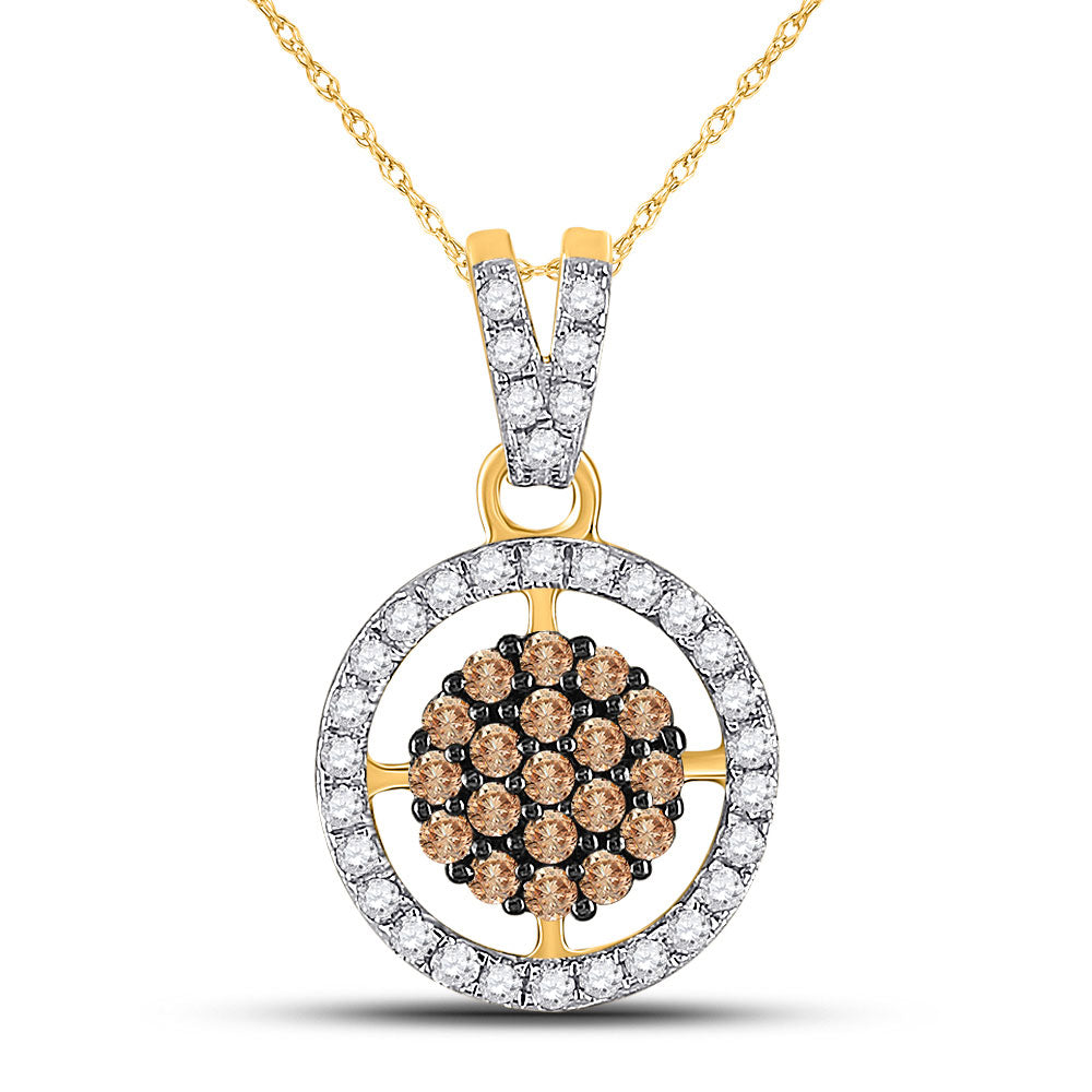 10kt Yellow Gold Womens Round Brown Diamond Cluster Pendant 1/2 Cttw