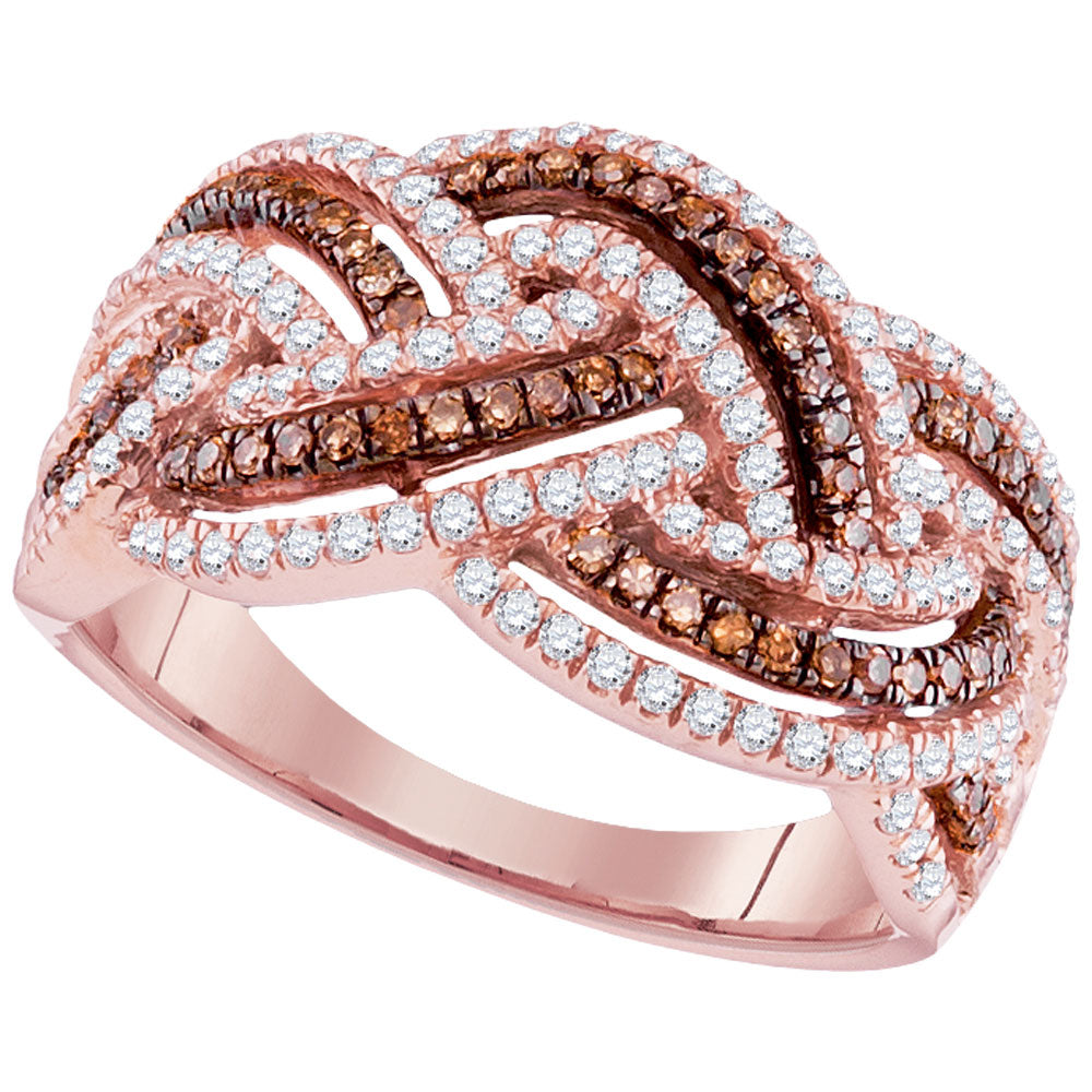 10kt Rose Gold Womens Round Brown Diamond Braid Fashion Ring 3/4 Cttw