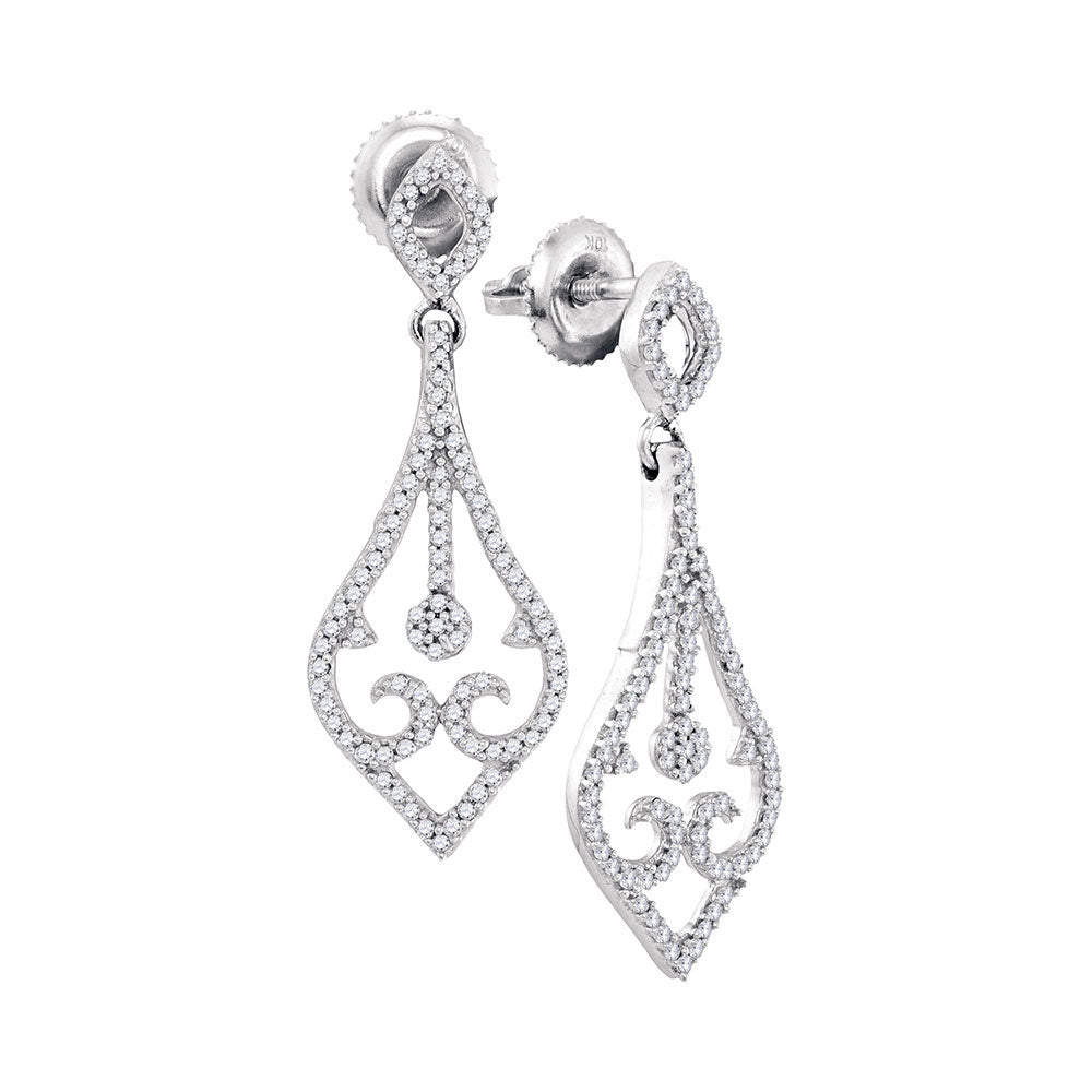 10kt White Gold Womens Round Diamond Scroll Teardrop Dangle Earrings 1/3 Cttw