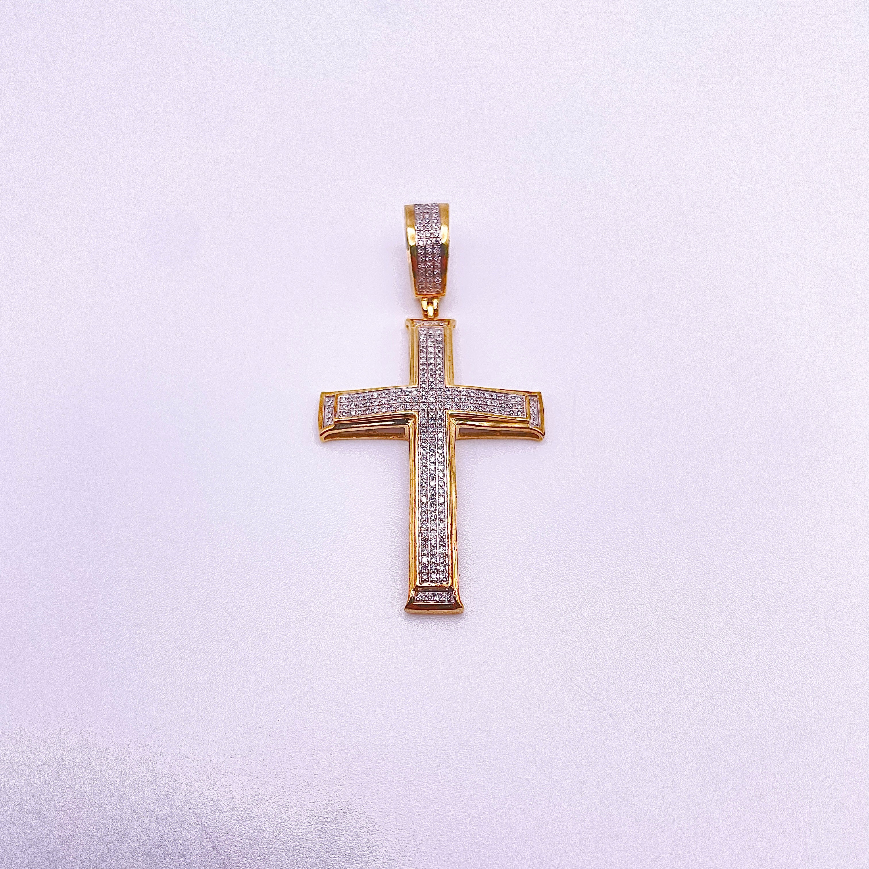 Micro Pavé - Designer Diamond Cross Pendant - 10K Yellow Gold