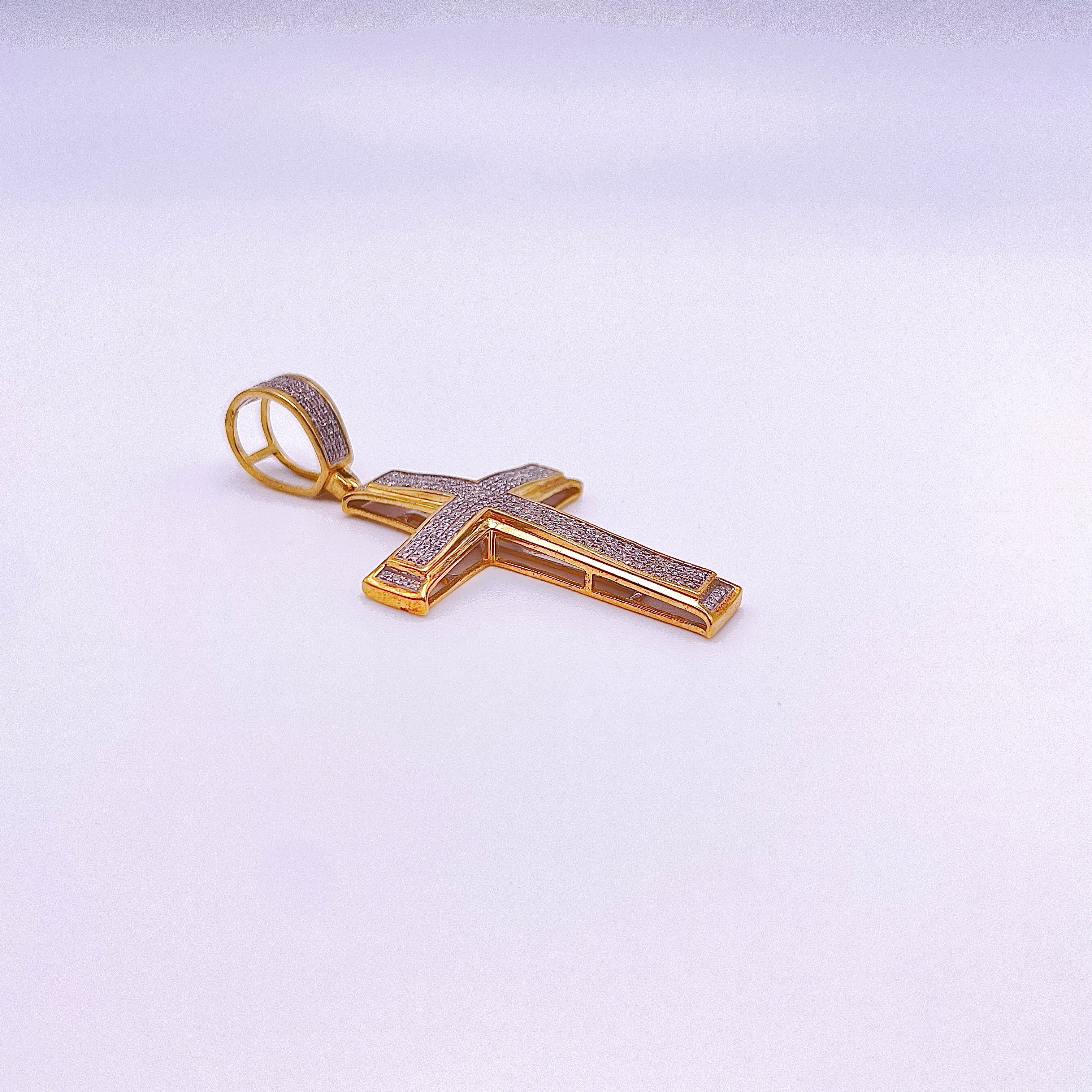 Micro Pavé - Designer Diamond Cross Pendant - 10K Yellow Gold