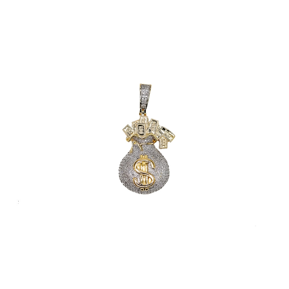 Small Money Bag Diamond Pendant - 10K Gold - Free Hollow Rope Chain
